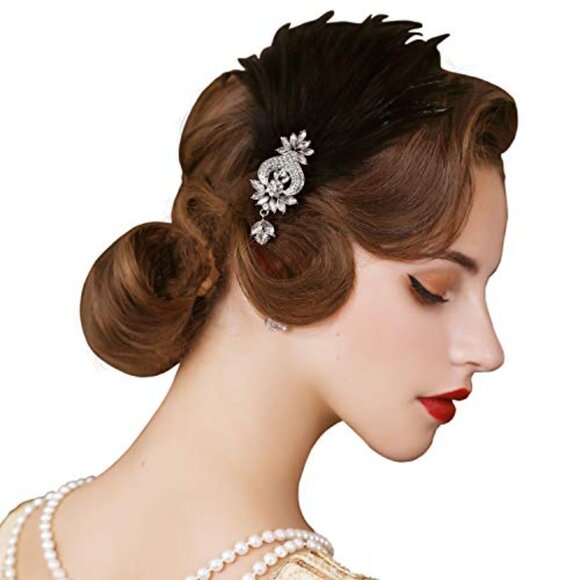 Vintage Flapper Headband with Ostrich Feathers and Rhinestone Clip